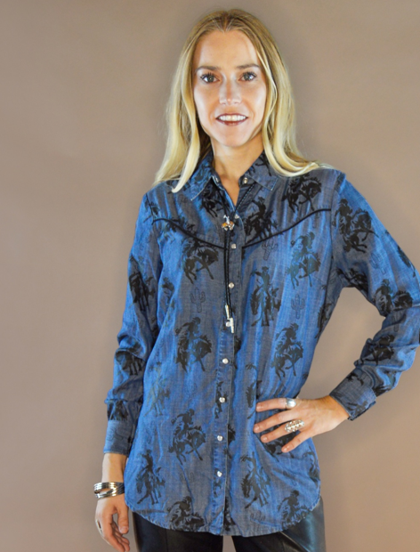 The Cactus Rose Buckaroo Denim Tencel Pearl Snap