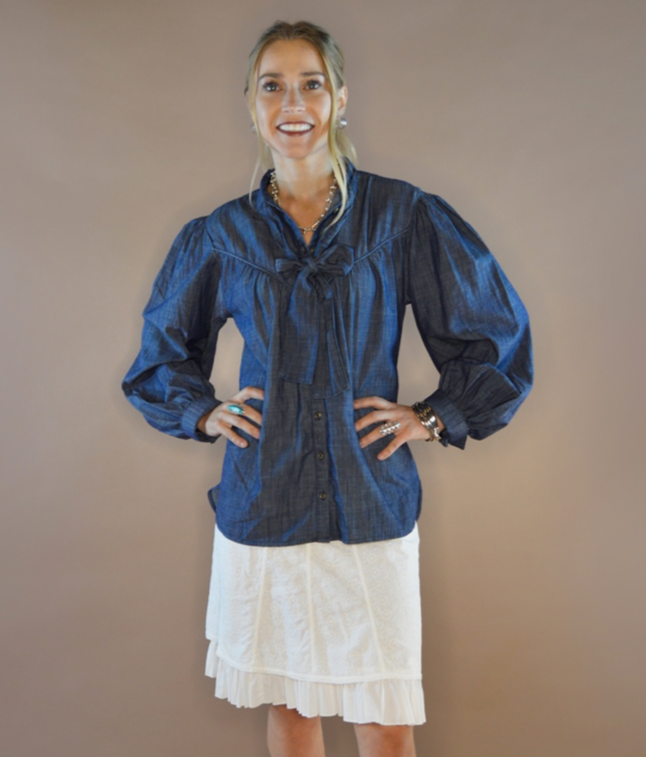 The Loretta Denim Bow Blouse